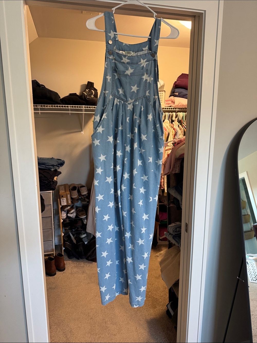 Star-Print Light Blue Denim Overalls Jumpsuit